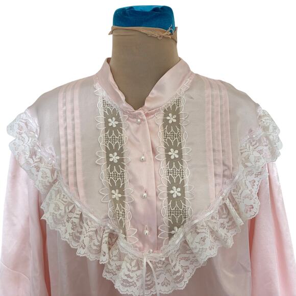 Vintage Anna Pink Satin Lace Embroidered Night Gown Victorian Cottage Regency - Picture 2 of 9